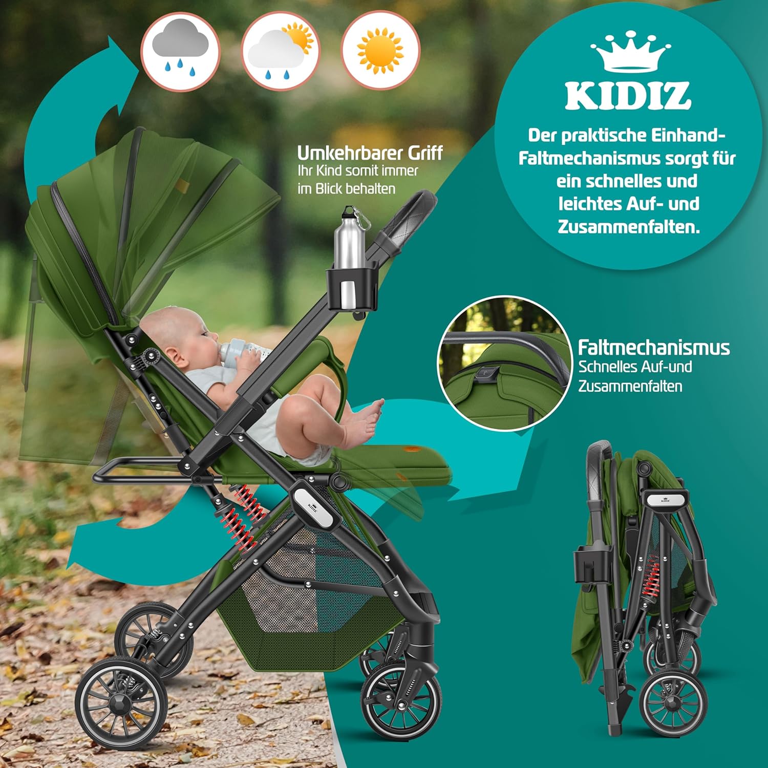 KIDIZ® Kinderwagen kinderbuggy opvouwbare ligbuggy sportwagen opvouwbaar 360° wielen 5-punts gordel incl. voetenzak, drankhouder, regenhoes & muggennet verstelbare rugleuning & zonnekap
