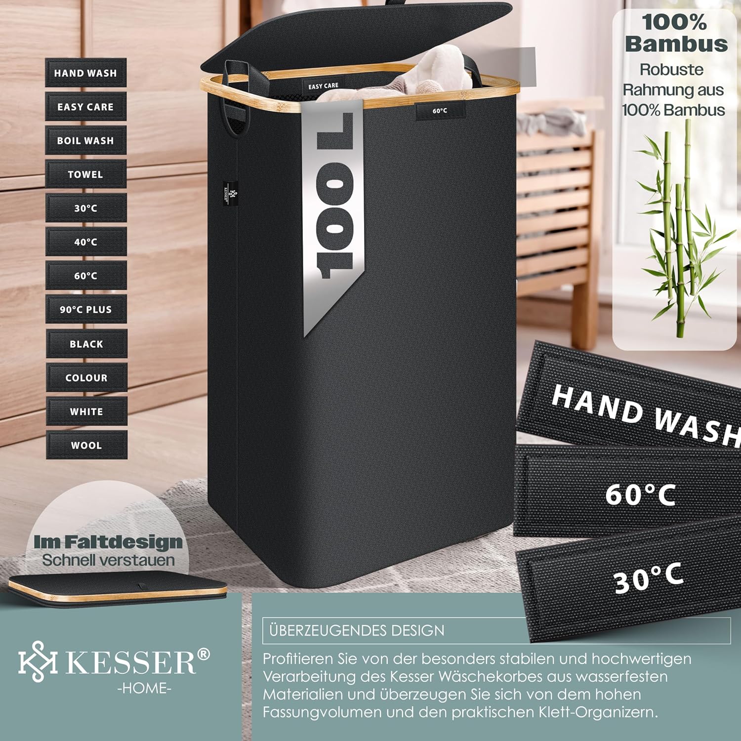 KESSER® Wasmand met deksel, opvouwbaar, 100 liter, wasbox, wasmand, wasverzamelaar met 2 x uitneembare waszakken, wassorteerder incl. wasvoorschriften zwart •