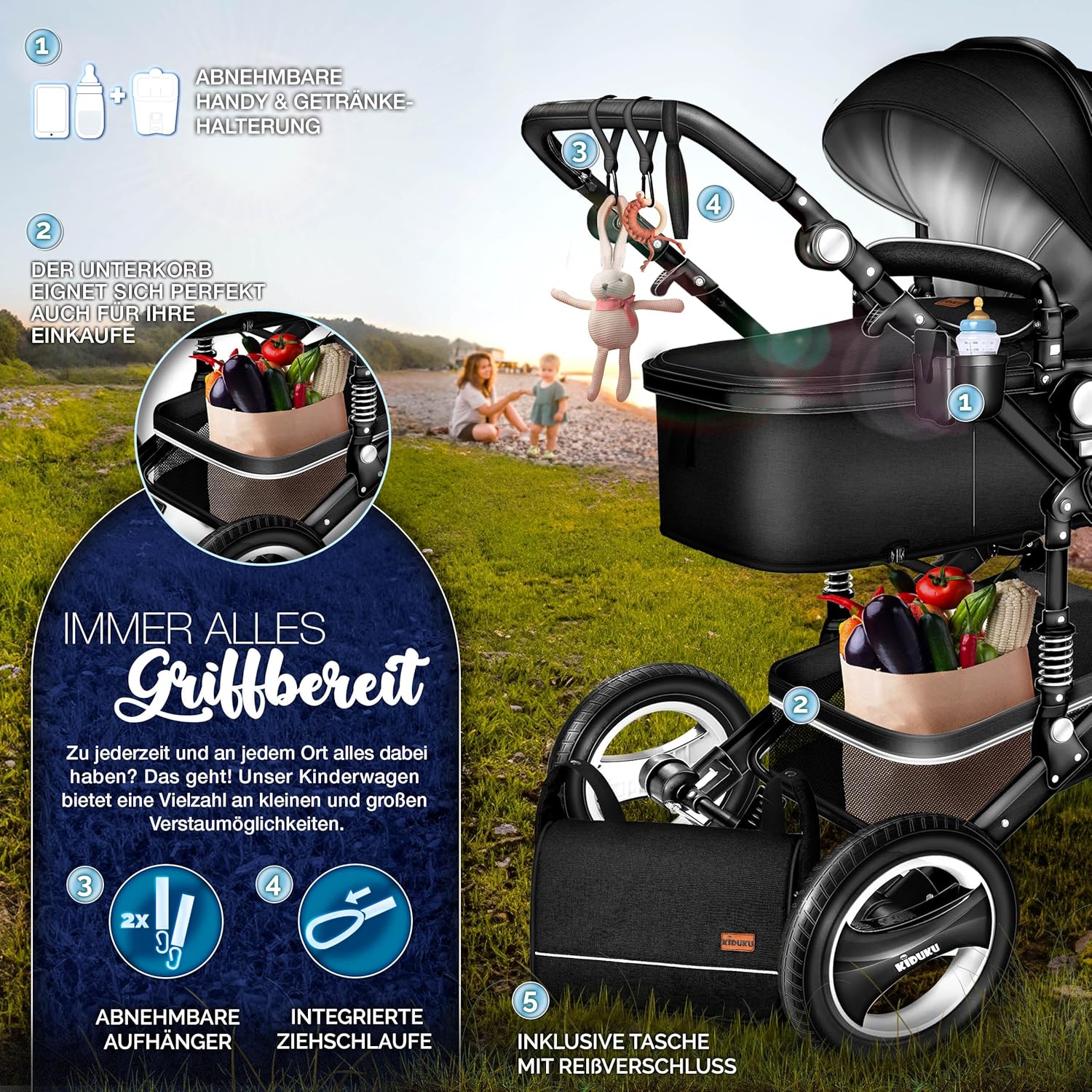 Kinderwagen 3 in 1 - Buggy - Wandelwagen - Kinderbuggy - Zwart - KIDUKU®