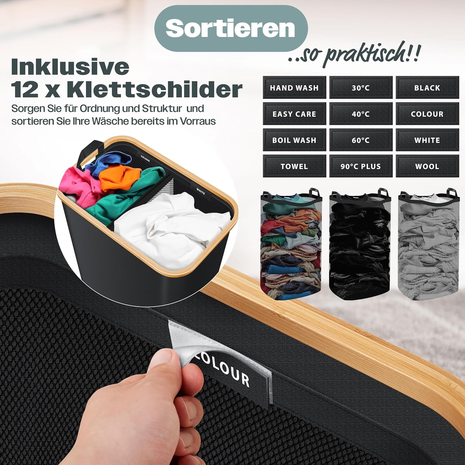 KESSER® Wasmand met deksel, opvouwbaar, 100 liter, wasbox, wasmand, wasverzamelaar met 2 x uitneembare waszakken, wassorteerder incl. wasvoorschriften zwart •