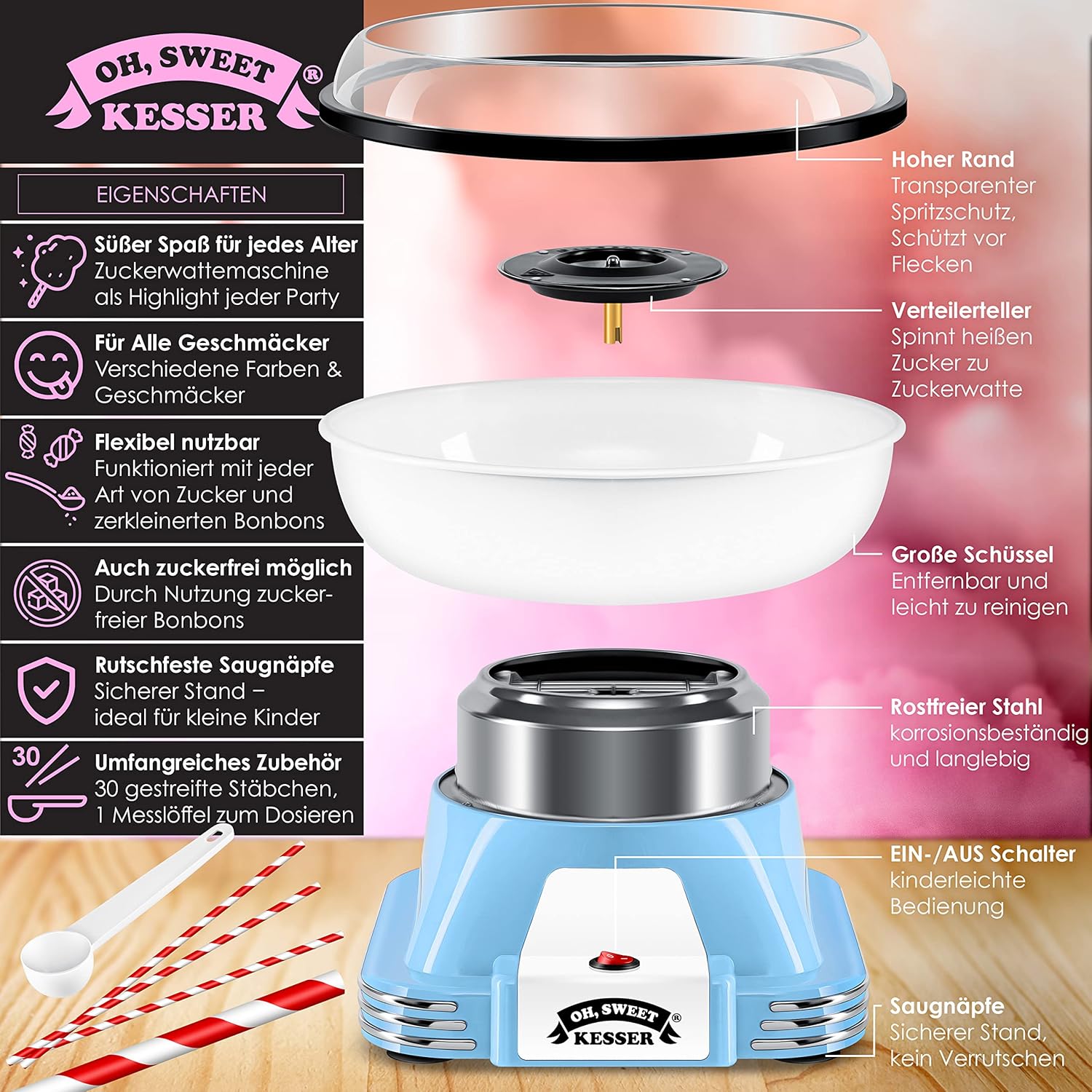 Suikerspinmachine - Retro - 500W - Blauw/Wit - KESSER®