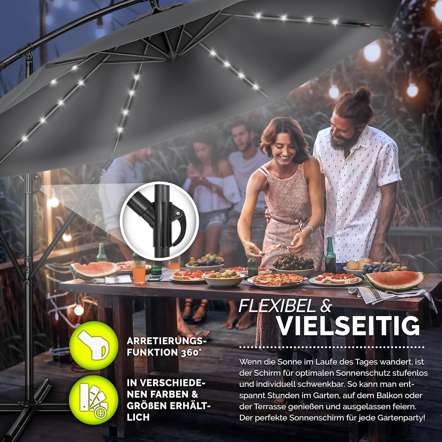 Tillvex® LED Parasol - Zweefparasol - Ø300cm - 360° Draaibaar - Antraciet •