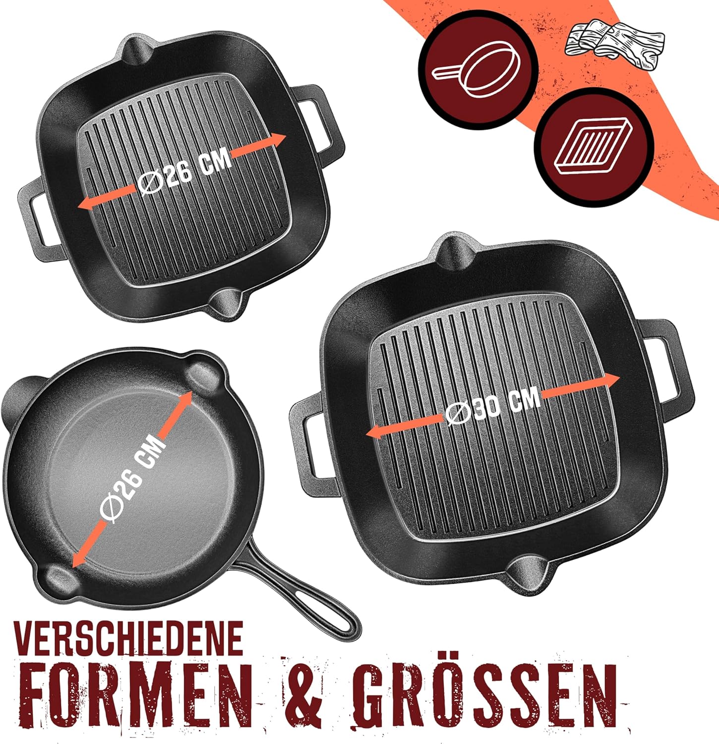 KESSER® Gietijzeren grillpan, inductie, 30 cm, gietijzeren pan, braadpan, gietijzeren pan voor gasgrill, oven, kolengrill, steakpan, incl. beschermende handgrepen, receptenboek en ringreiniger