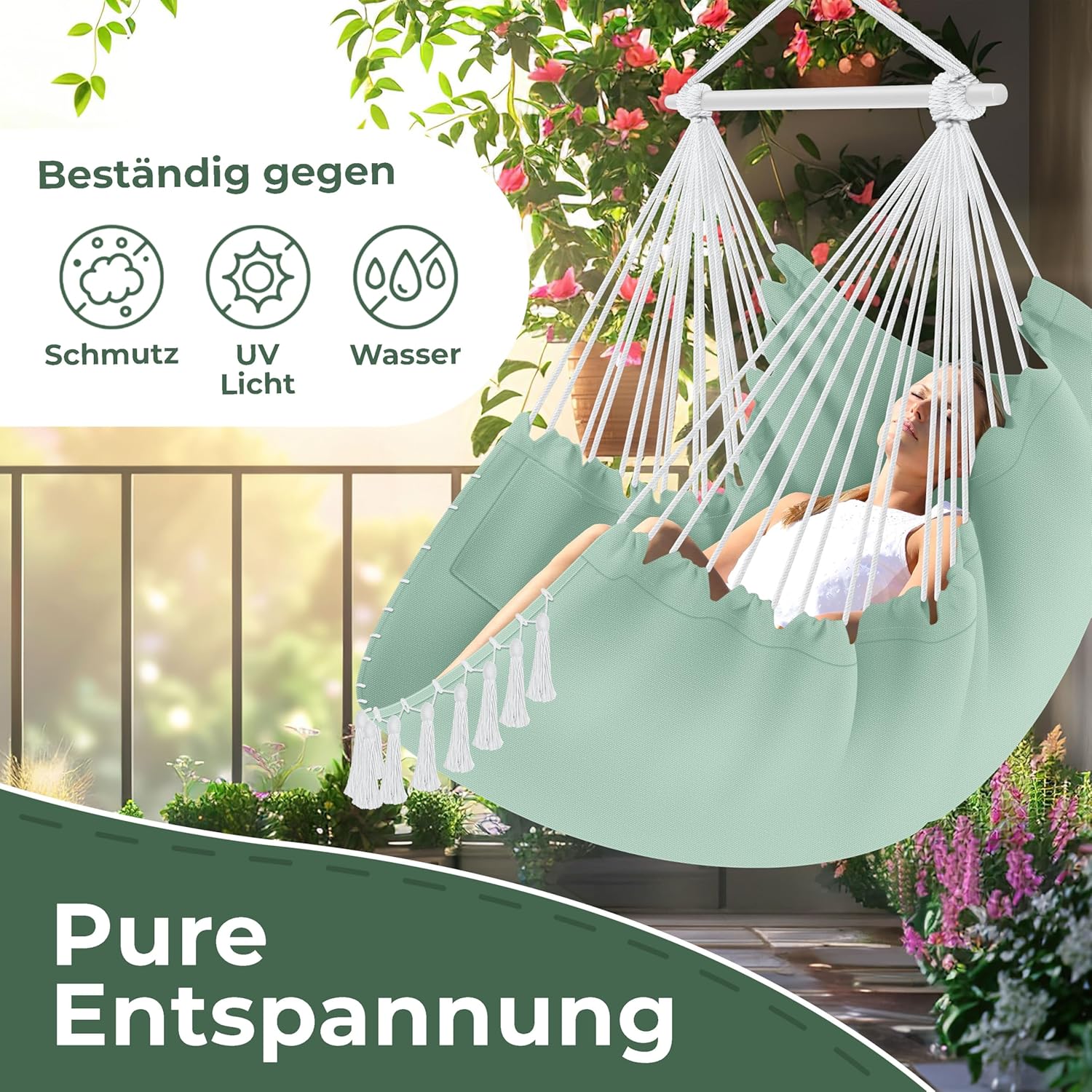 KESSER® Hangstoel Safari XXL Hangstoel voor Volwassenen en Kinderen Hangmat tot 150 kg Hangstoel Ophanging Indoor Outdoor Wonen Incl. draagtas, 2 kussens, bekerhouder & Boekenvak, Lichtgroen