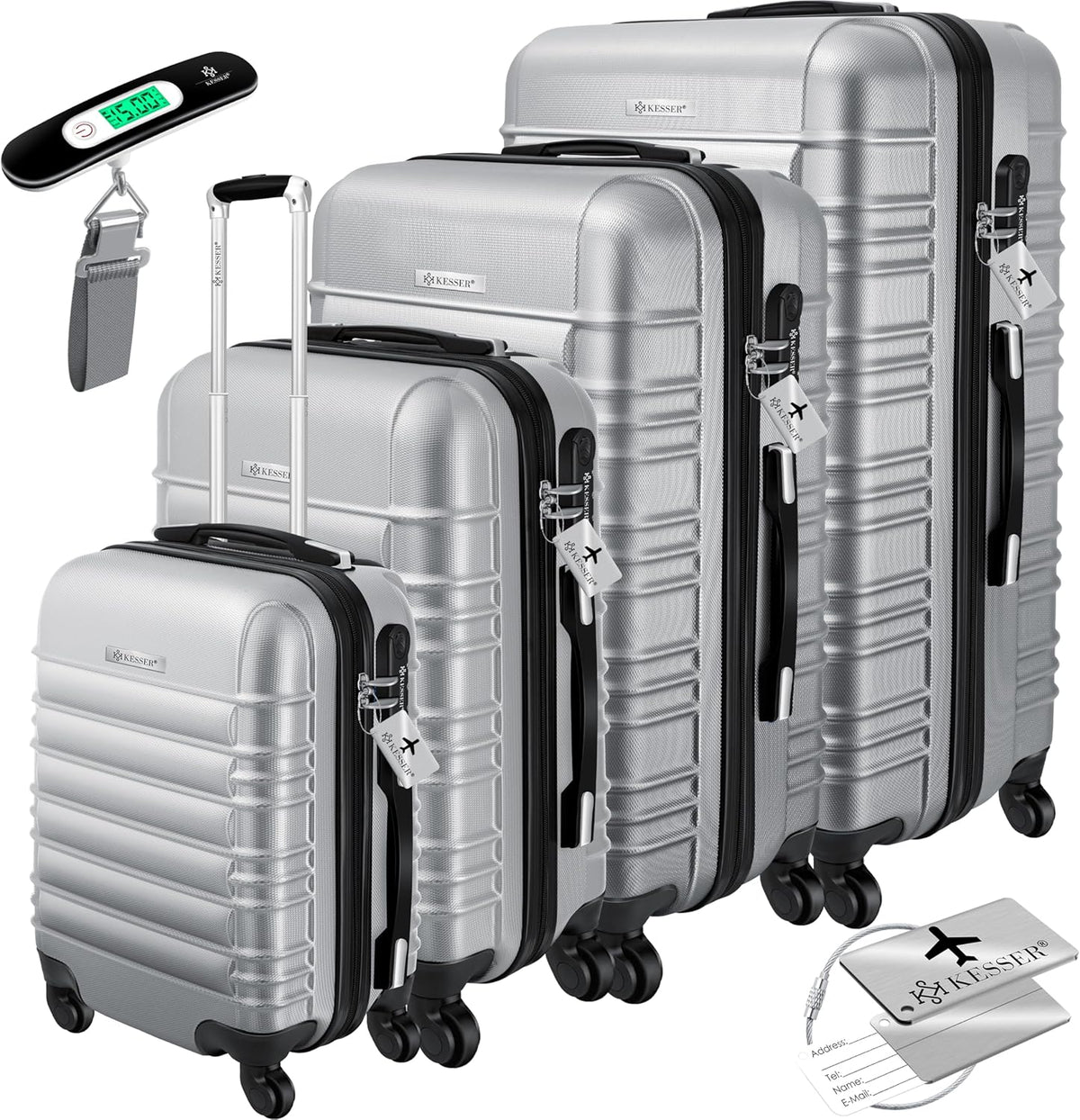 Kesser® 4-delige set koffers met harde schaal, Hard Shell Basic koffers met harde schaal, trolleys, reiskoffers, set reiskoffers, bagage, rolkoffers, slot, 4 wielen, acrylonitril-butadieen-styreen, telescopische handgrepen, S-M-L-XL