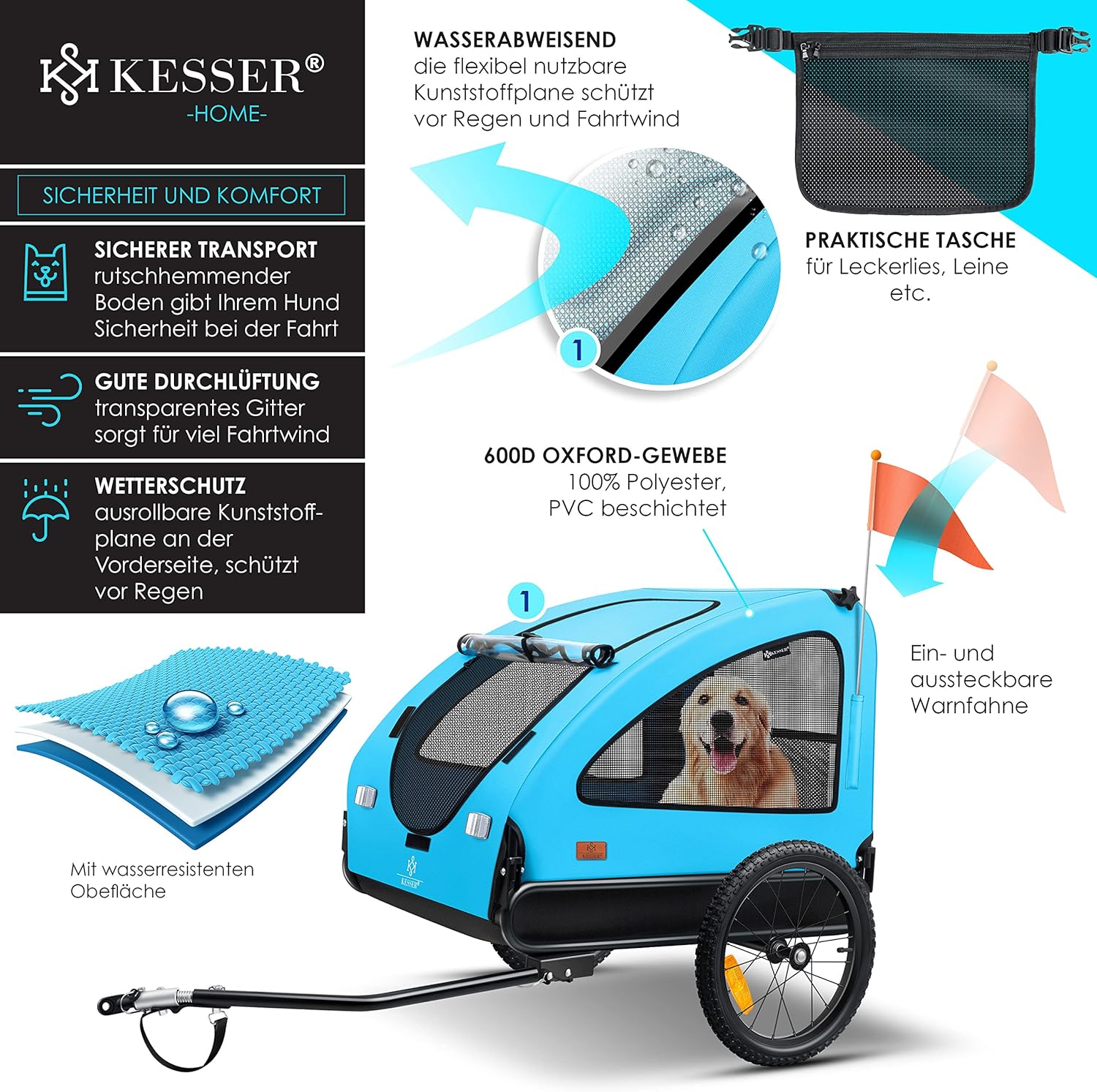 KESSER® Hundeanhänger Boxer 2-in-1 Hundebuggy Fahrradanhänger groß ca. 250L Volumen - Inkl. Fahne und Tasche - 600D Oxford Canvas, Klappbar SmartSpace Concept, max. 45kg