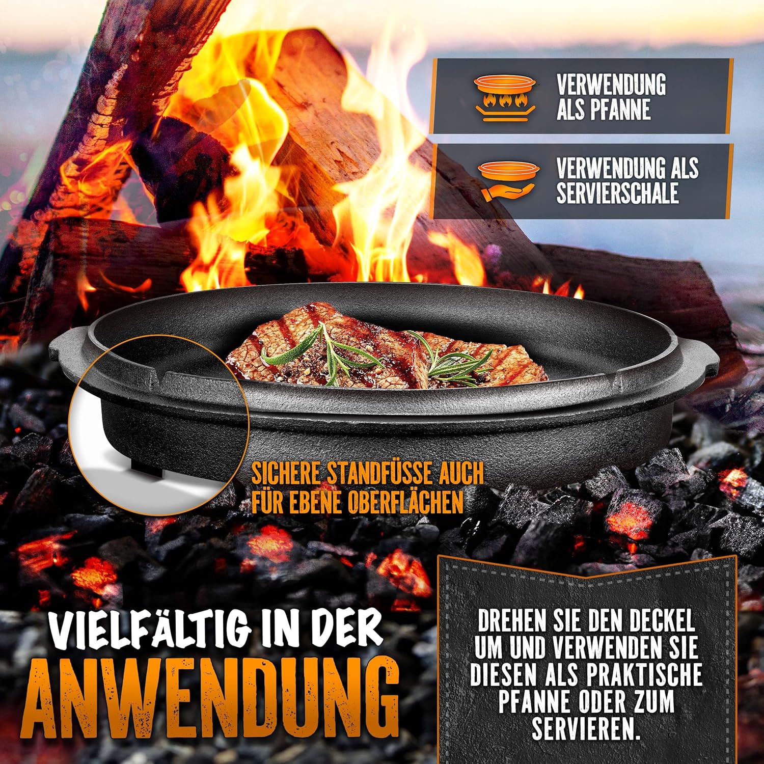 Grillas® Dutch Oven Set - 7,3L - Vuurpan - Stoofpan - Gietijzeren pan