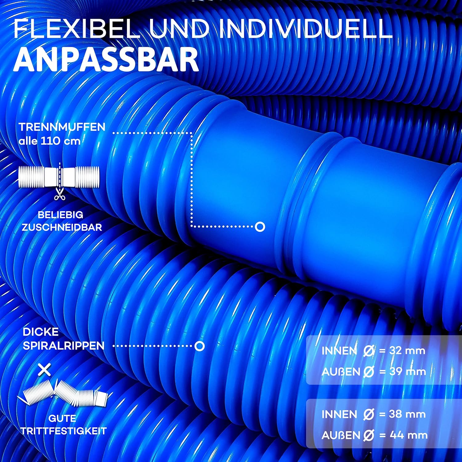 Tillvex® Zwembadslang - 8m- Ø32mm - Blauw