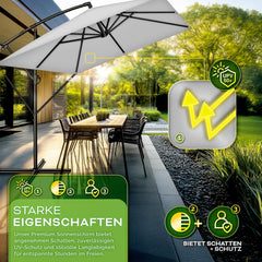 tillvex® Aluminium parasol, rechthoekig, diameter 330 cm, + afdekking met zwengel, rechthoekig, met standaard en windbescherming, tuinparasol, uv-bescherming aluminium, zwengelparasol, marktparasol, grijs