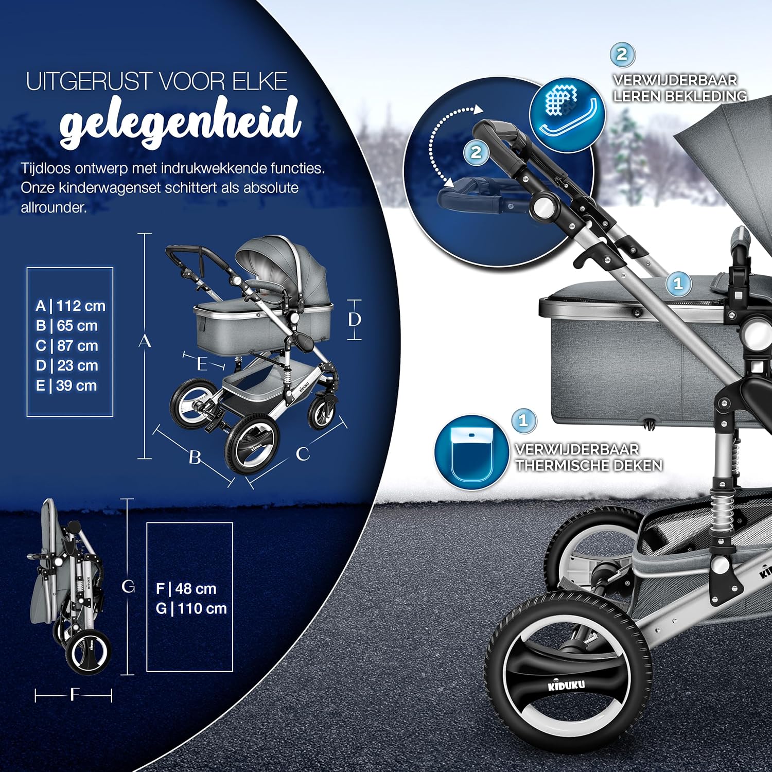 Kinderwagen 3 in 1 - Buggy - Wandelwagen - Kinderbuggy - Lichtgrijs - KIDUKU®