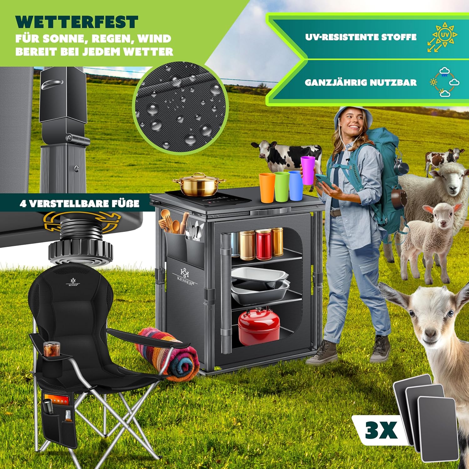 KESSER® Campingkeuken, opvouwbaar, outdoor campingkast, 60 x 80 cm, keukenkast met aluminium frame, 3 vakken incl. 4-delige bekerset, zijvakken en vliegengaas, campingkeuken van UV-bestendige stof