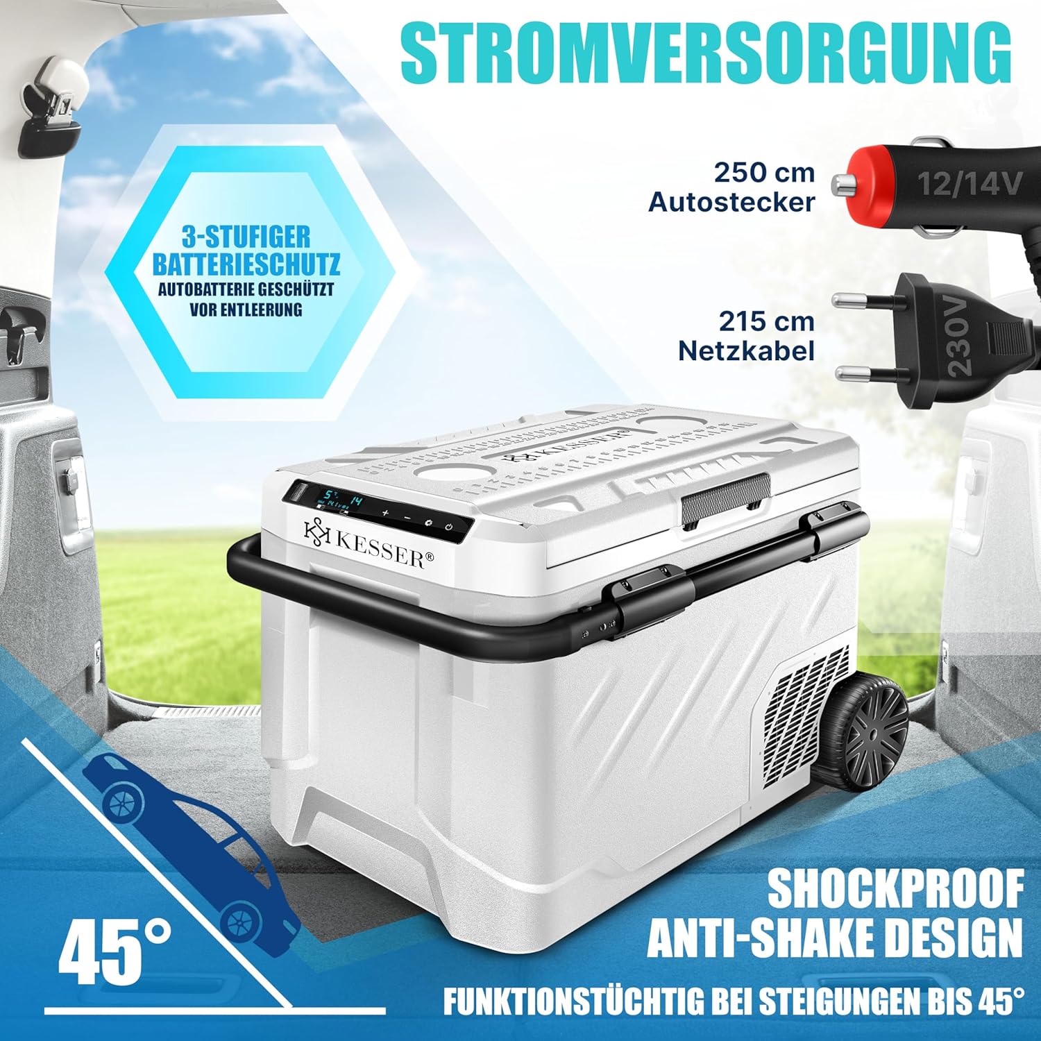 KESSER® Compressorkoelbox, elektrisch, 51 liter, campingvriesbox met led-touch, met app-besturing en koelaccu, USB-aansluiting, 12/24 V, 230 V, koelkastkoeling tot -20 °C, voor auto, vrachtwagen, wit