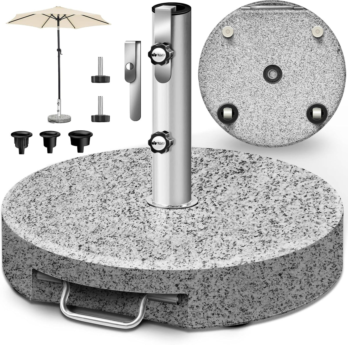 Tillvex® Parasolvoet op wielen - Graniet 27kg - Ø16mm-Ø48mm - Grijs