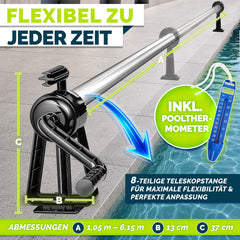 tillvex Premium zwembadhaspel 1,05-6,15 m incl. thermometer & banden | oprolsysteem voor zonnezeil | Mobiel oprolsysteem voor zwembadzeil & afdekking | weerbestendig materiaal