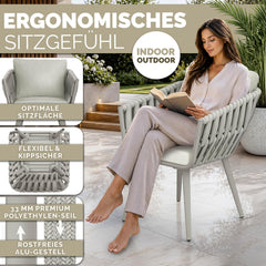 tillvex® Tuinstoel, 1 stuk, weerbestendig, met armleuning, outdoorstoelen tot 160 kg belastbaar, tuinstoelen, uv-bestendig, terrasstoel, touwstoel, tuinmeubelen, terras, balkon, tuin, beige