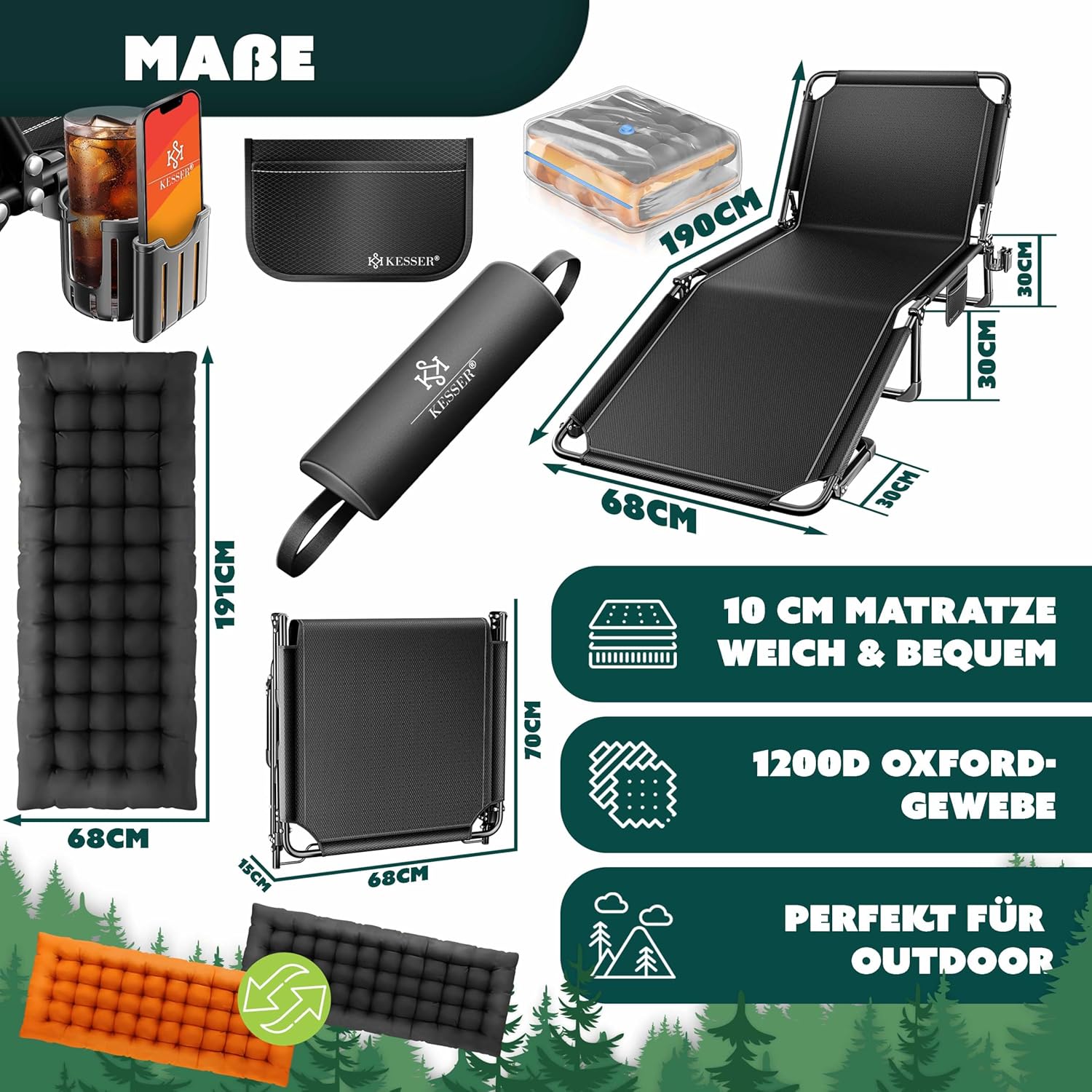 KESSER® Campingbed - Ligbed - Inklapbaar - 190x68x30cm - Antraciet