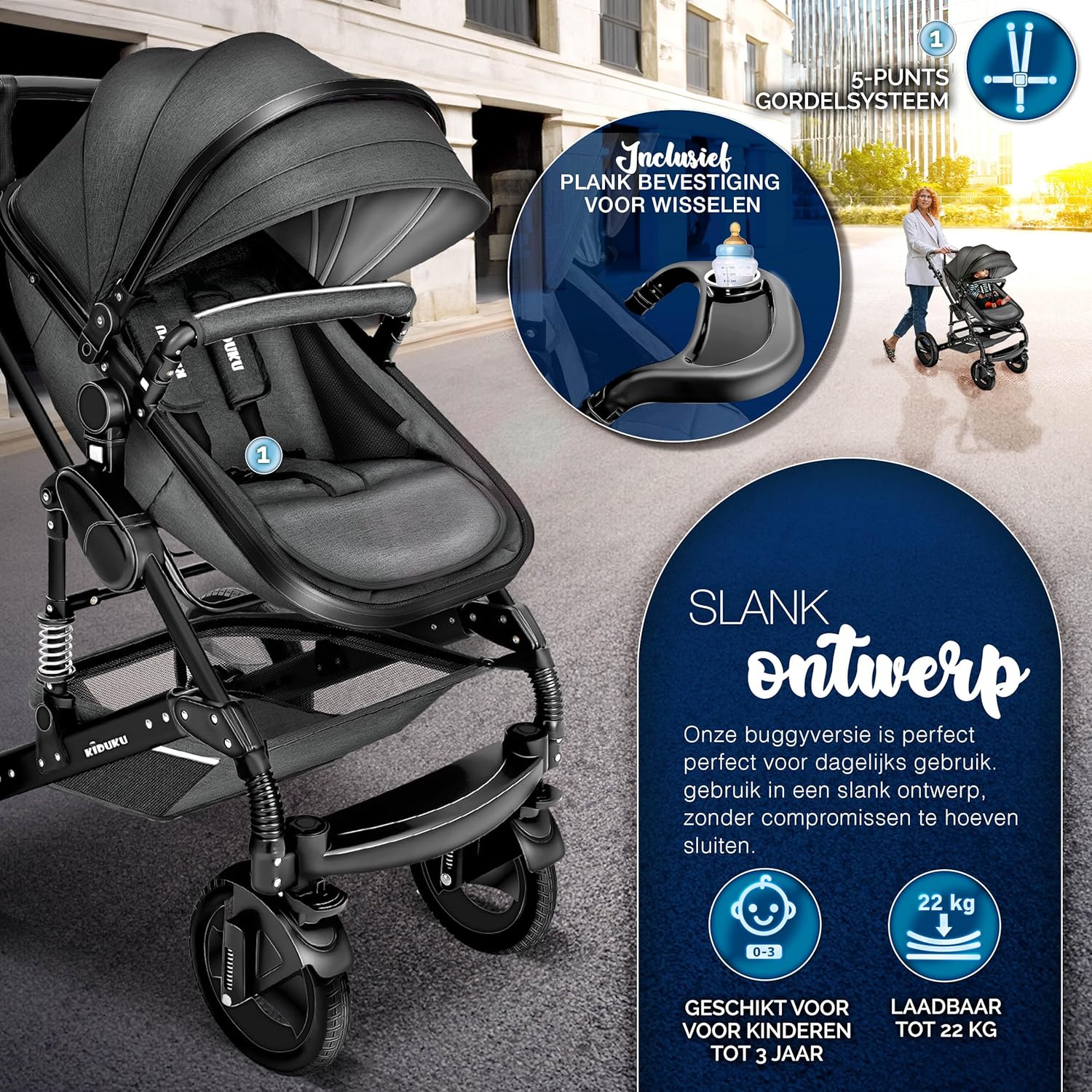 Kinderwagen 3 in 1 - Buggy - Wandelwagen - Kinderbuggy - Antraciet - KIDUKU®