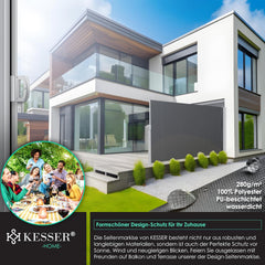 KESSER® Aluminium zijluifel, uittrekbaar en ondoorzichtig - 300 x 200 cm, met oprolmechanisme voor balkon & terras, zijrolgordijn incl. regenhoes met wandhouder Donkergrijs