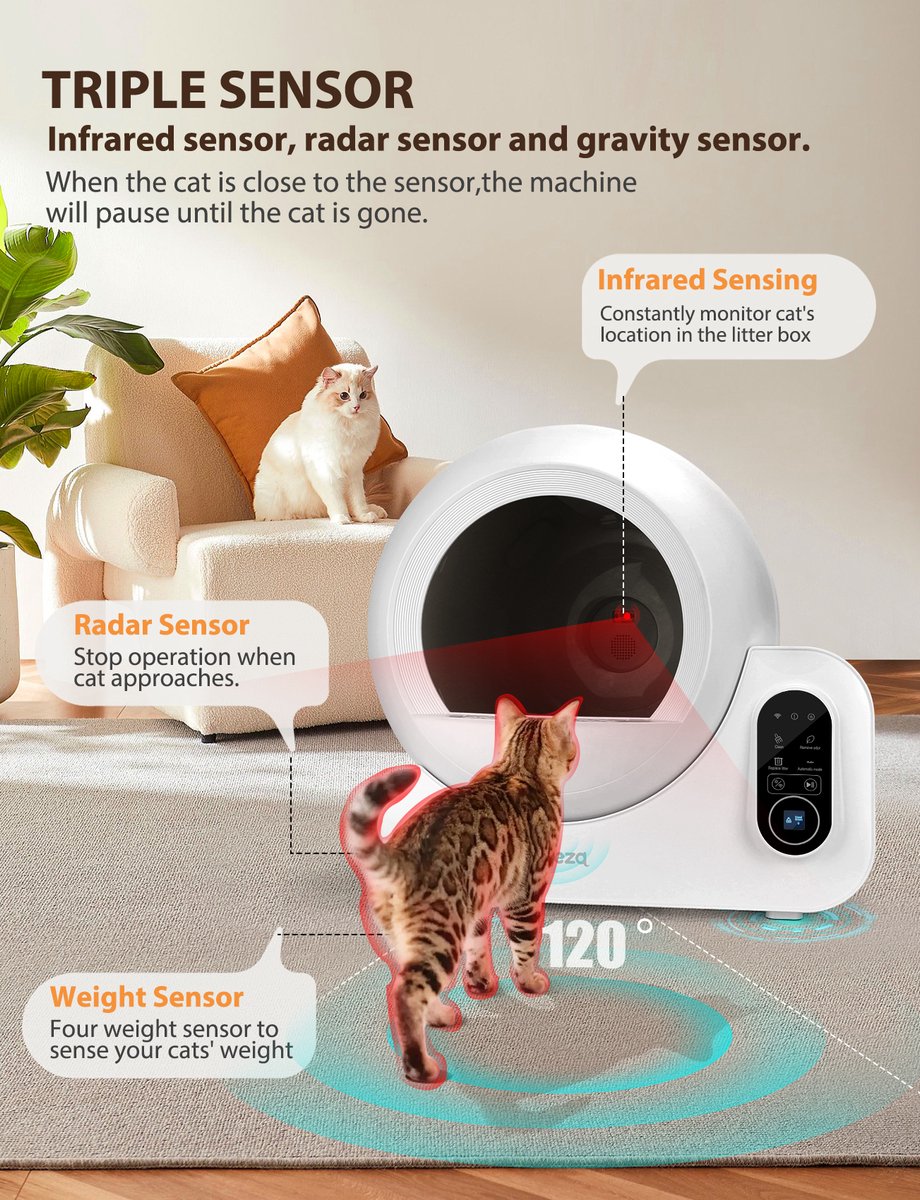 Nobleza SL02 - Automatische Kattenbak XXL - 70L - Zelfreinigende Kattenbak - drievoudig geurverwijderingssysteem - Electrische Kattenbak - Incl. App •