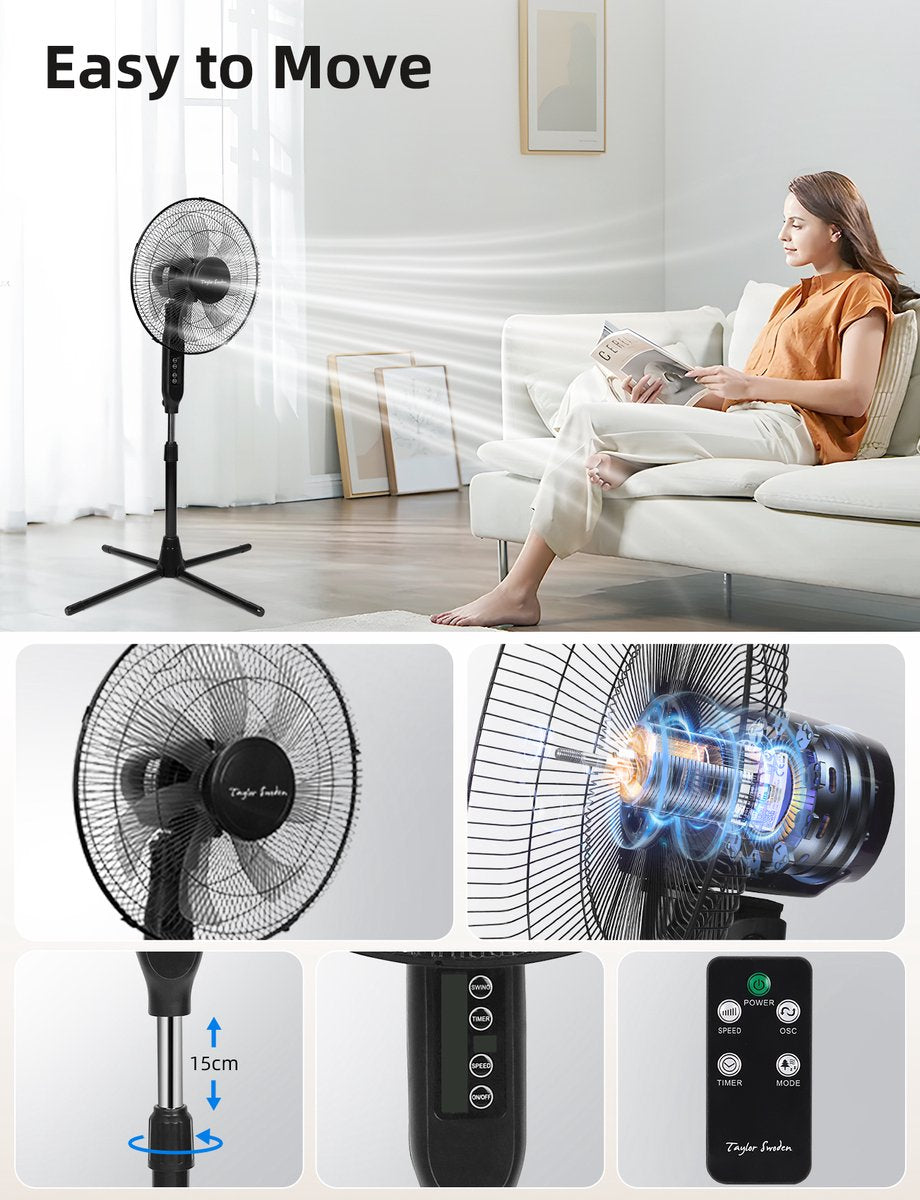 Taylor Swoden Statiefventilator - Ventilator Staand - Verstelbaar - 50W - Zwart