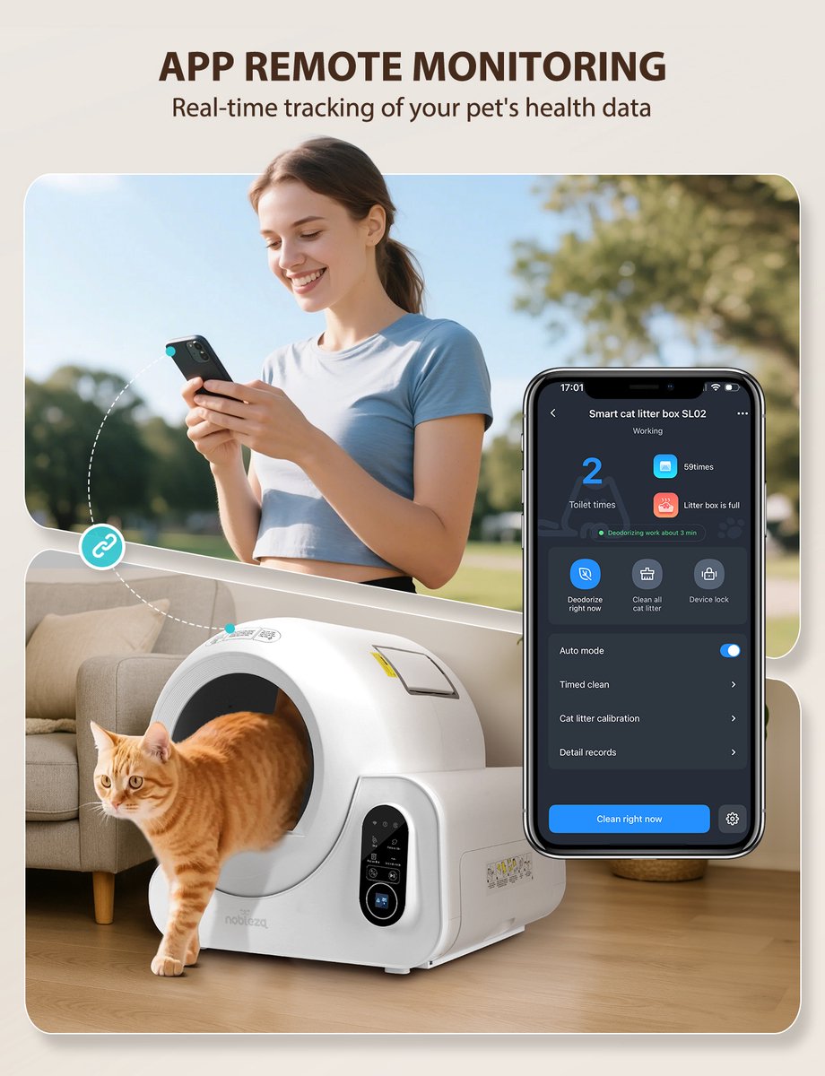 Nobleza SL02 - Automatische Kattenbak XXL - 70L - Zelfreinigende Kattenbak - drievoudig geurverwijderingssysteem - Electrische Kattenbak - Incl. App •