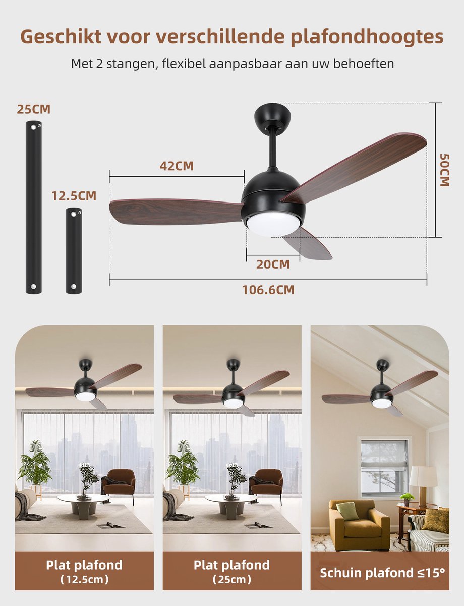 Aigostar Stille Plafondventilator met Verlichting - Ø132cm - 54W - Zwart •