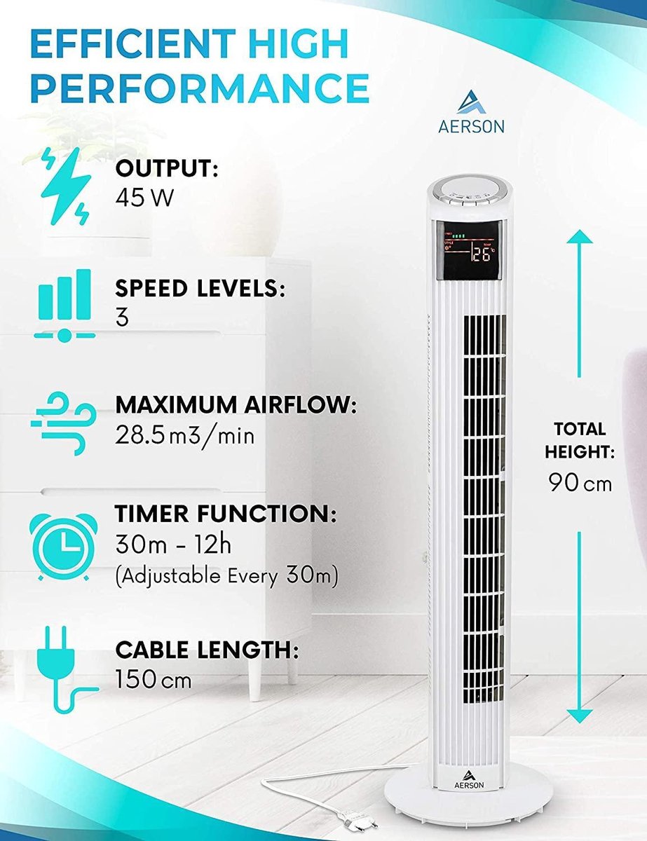 Aerson- Torenventilator met afstandbediening - 90 cm wit