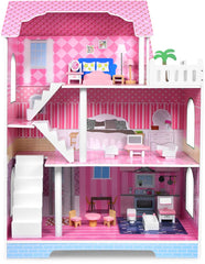 Aufun Poppenhuis Van Hout, Houten Poppenhuis MDF En Poppenhuis Met 3 Verdiepingen Incl. Meubels, Accessoires, Poppenvilla, Poppenhuis, Kinderen, Poppenhuis Voor Lang Creatief Spel, Groot, Esthetisch (Tye B)