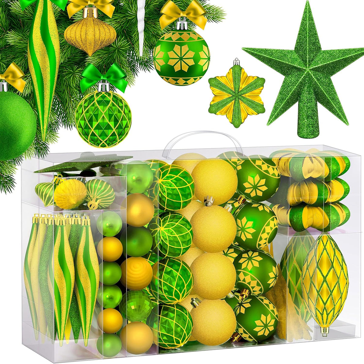 KESSER® Kerstballen, 135-delige set, met piek, kunststof kerstballen, onbreekbaar, met plastic kerstballen, box, kerstboomdecoratie en kerstboomversiering, groen/goud