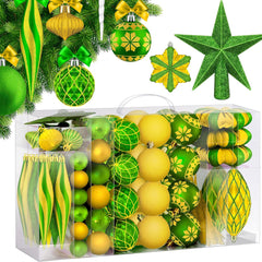 KESSER® Kerstballen, 135-delige set, met piek, kunststof kerstballen, onbreekbaar, met plastic kerstballen, box, kerstboomdecoratie en kerstboomversiering, groen/goud