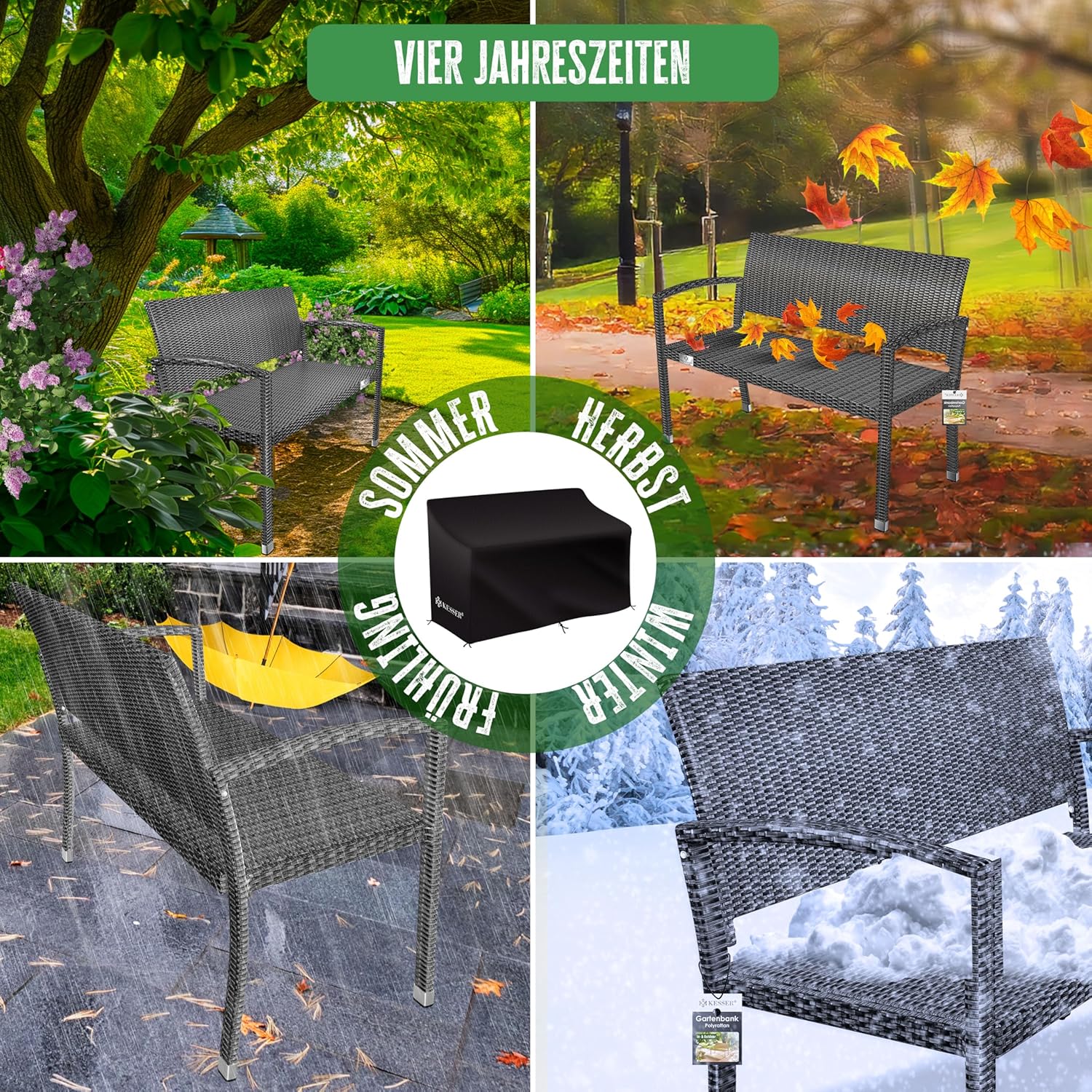 KESSER® Tuinbank, polyrotan, 2-zits, weerbestendig, uv-bestendig, tot 320 kg belastbaar, balkonbank, 125 x 62 x 90 cm, tuinmeubelen met cover en ergonomische armleuningen voor 2 personen, antraciet