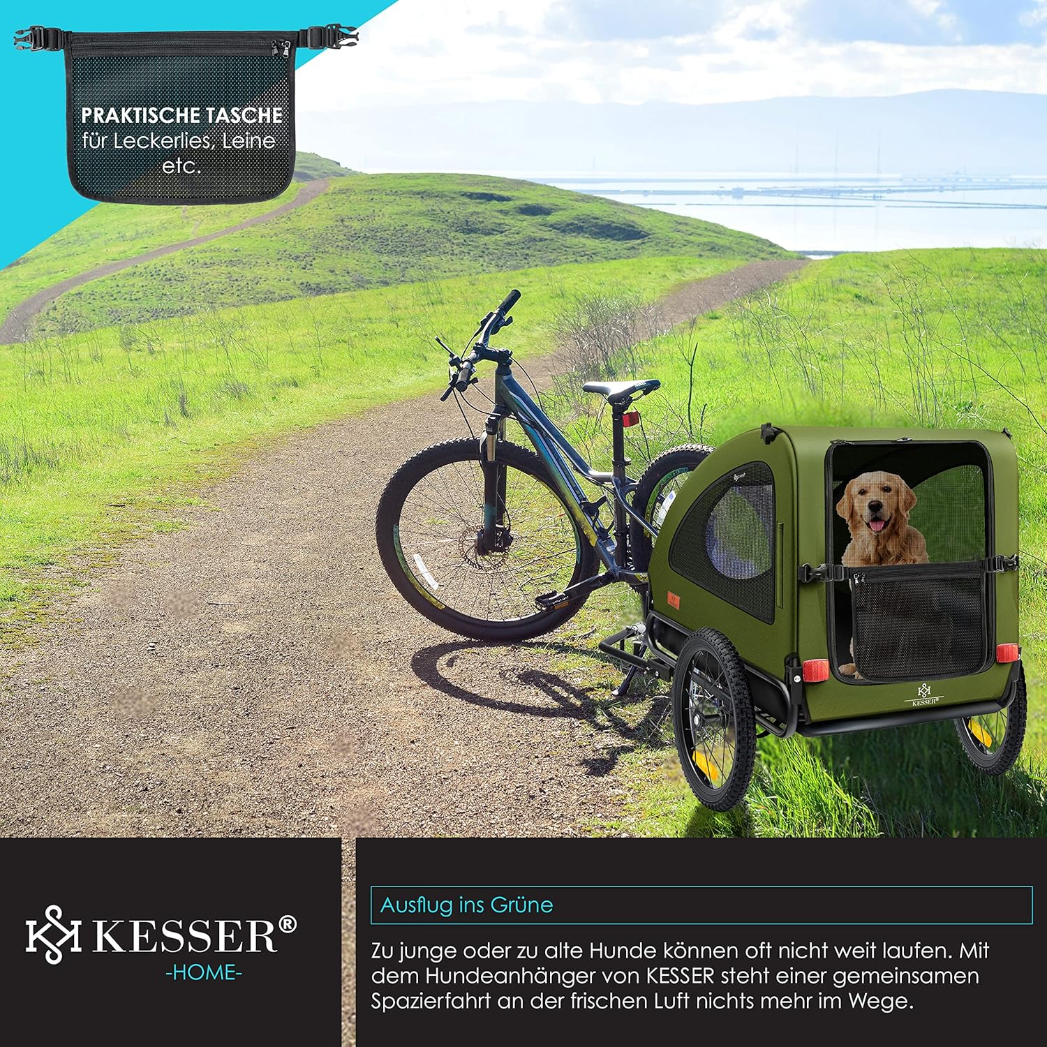 KESSER® Hundeanhänger Boxer 2-in-1 Hundebuggy Fahrradanhänger groß ca. 250L Volumen - Inkl. Fahne und Tasche - 600D Oxford Canvas, Klappbar SmartSpace Concept, max. 45kg