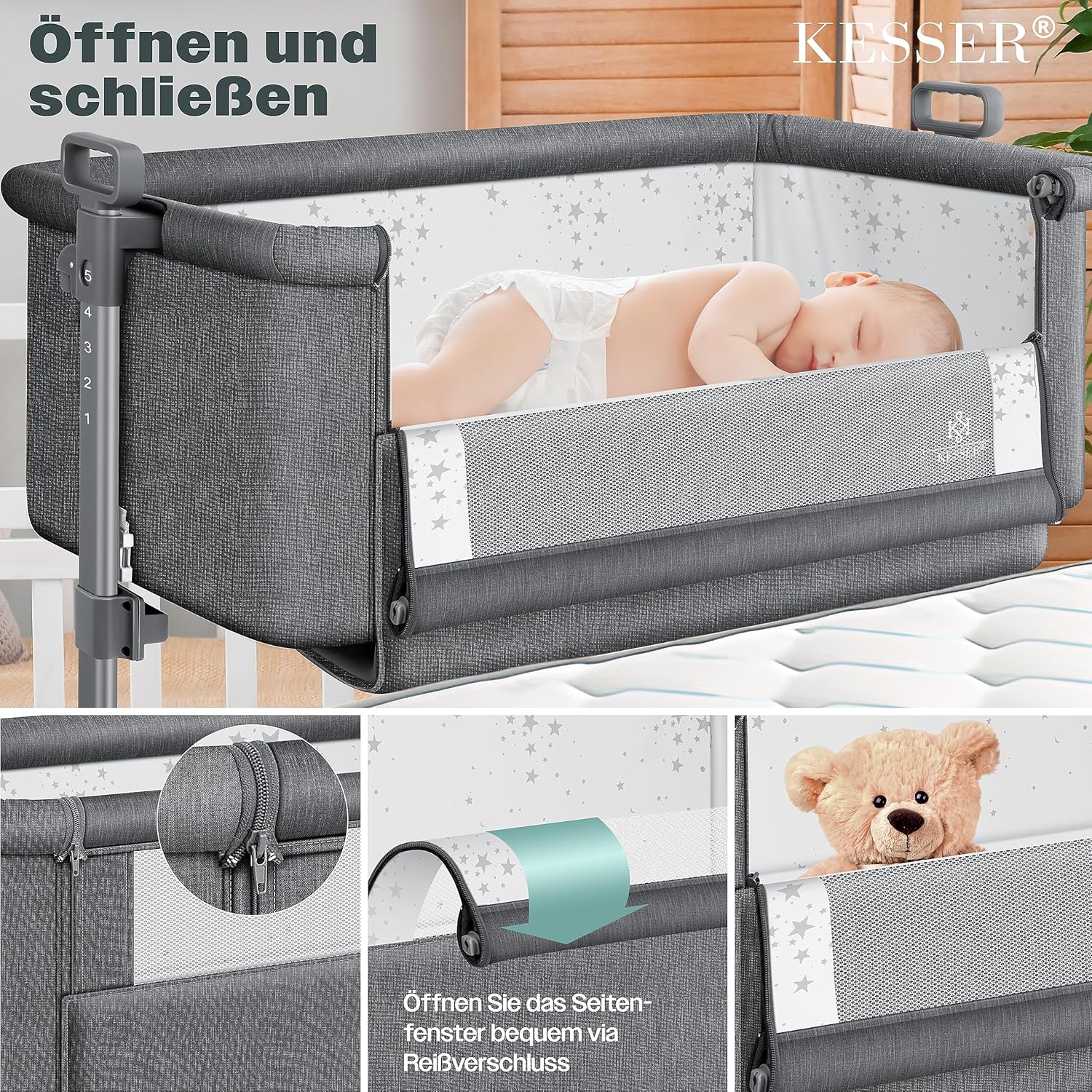 KESSER® 3in1 Ledikant - Babybed - Verstelbaar - Inklapbaar - Grijs •