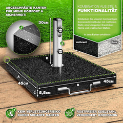 tillvex® Granit Parasolstandaard met wielen en transportgreep, 27 kg, vierkant, parasolvoet met roestvrijstalen buis, balkonparasolstandaard voor parasolstokken 16-48 mm en 250 cm diameter