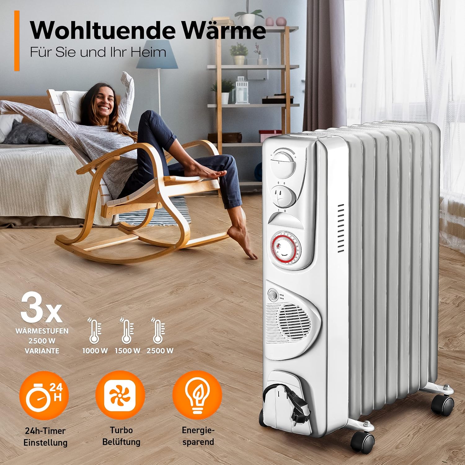 Olieradiator - 2500W Heater - Elektrische kachel - met Thermostaat - Wit - TRESKO®