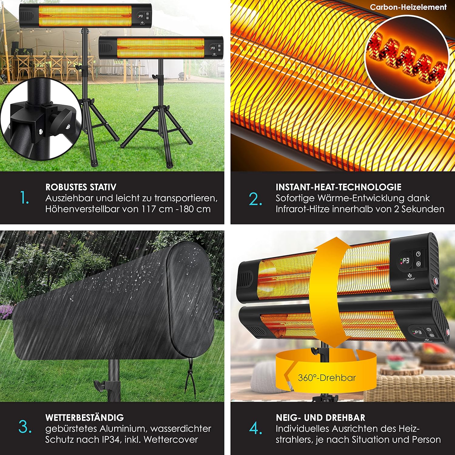 Infrarood Verwarming - Terrasverwarmer - Elektrische Heater - Zwart - KESSER®
