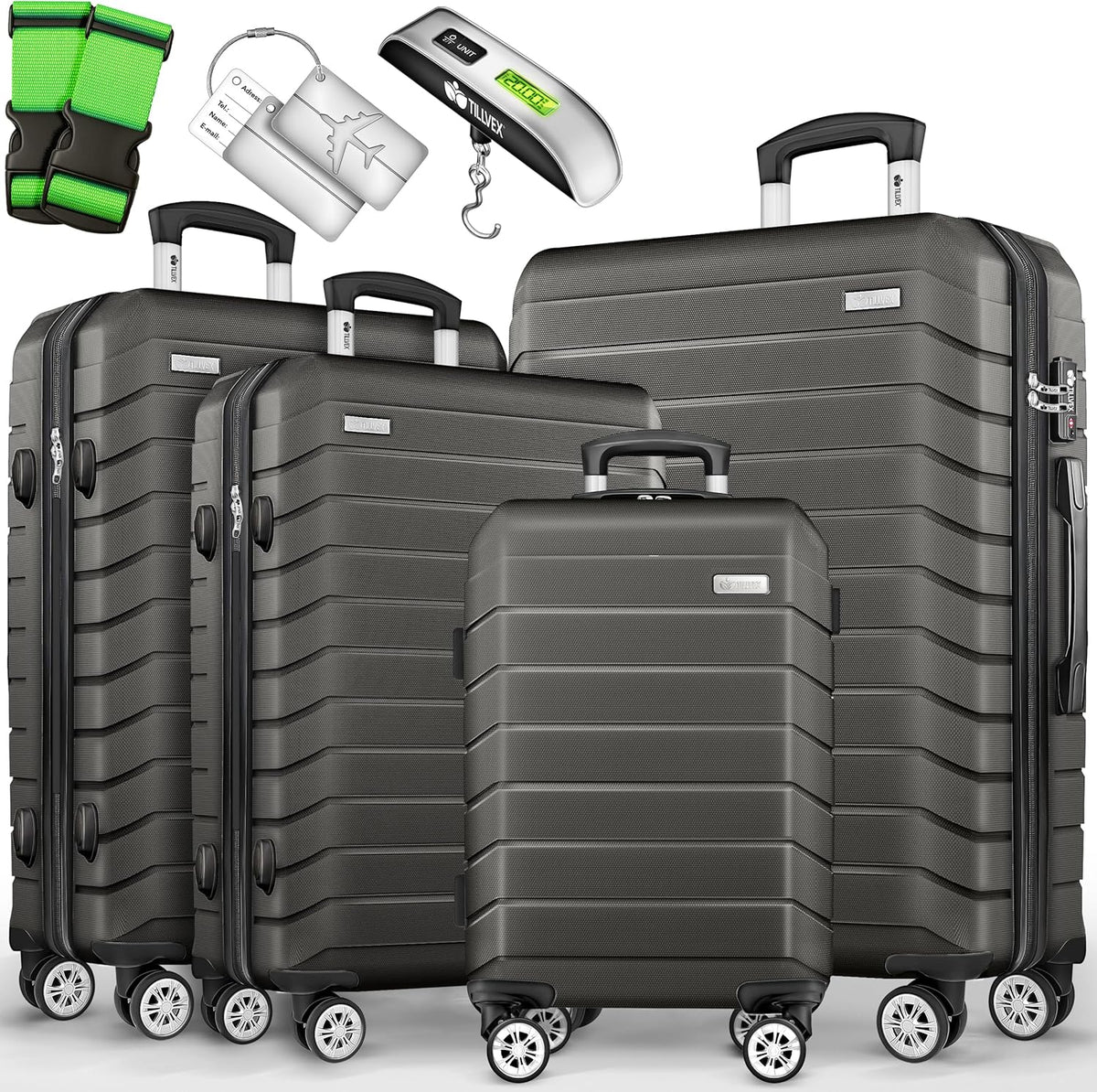 Kofferset - 4 delig - Trolley - Reiskoffer set - Antraciet - Tillvex ® •