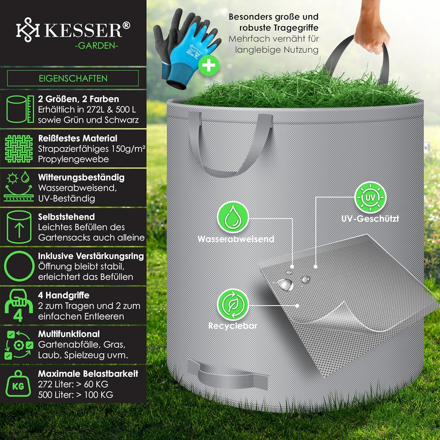 KESSER® Tuinafvalzak - Sterke Tuinzak - Bladzak - 2x500L - Grijs