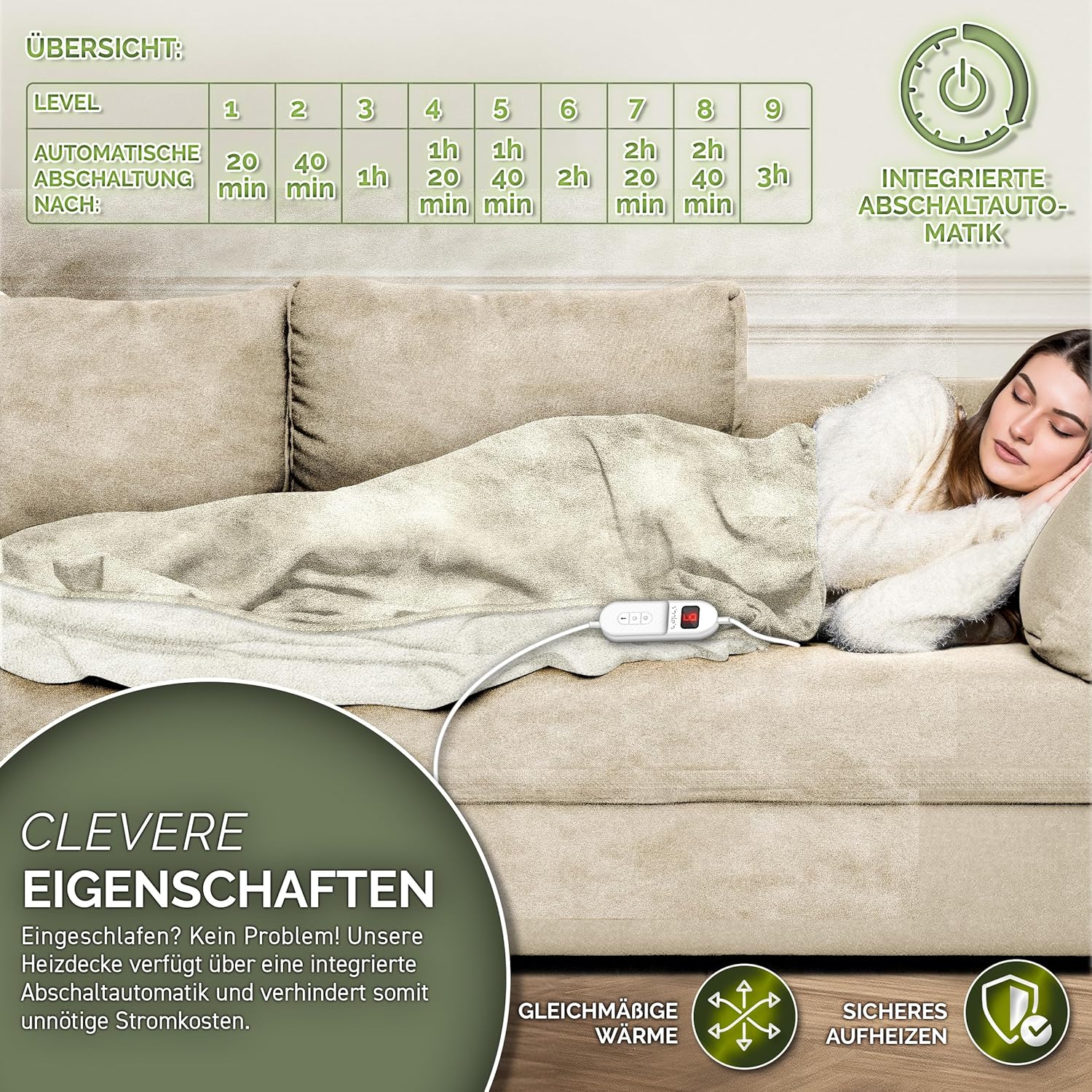 sinnlein® Elektrische deken met automatische uitschakeling, 180 x 130 cm, elektrische warmtedeken met 9 temperatuurniveaus, knuffeldeken, wasbaar, bed, bank, elektrische deken, beige