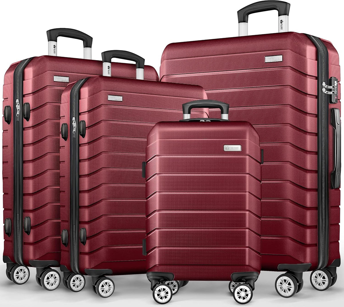 tillvex® Reiskofferset 4-delig + bagageweegschaal, 8 x kofferriemen en 4 x kofferlabels, kofferset met 4 wielen, trolley, bagage, koffer, TSA-slot, kofferset met harde schaal, S-M-L-XL, rood, modern