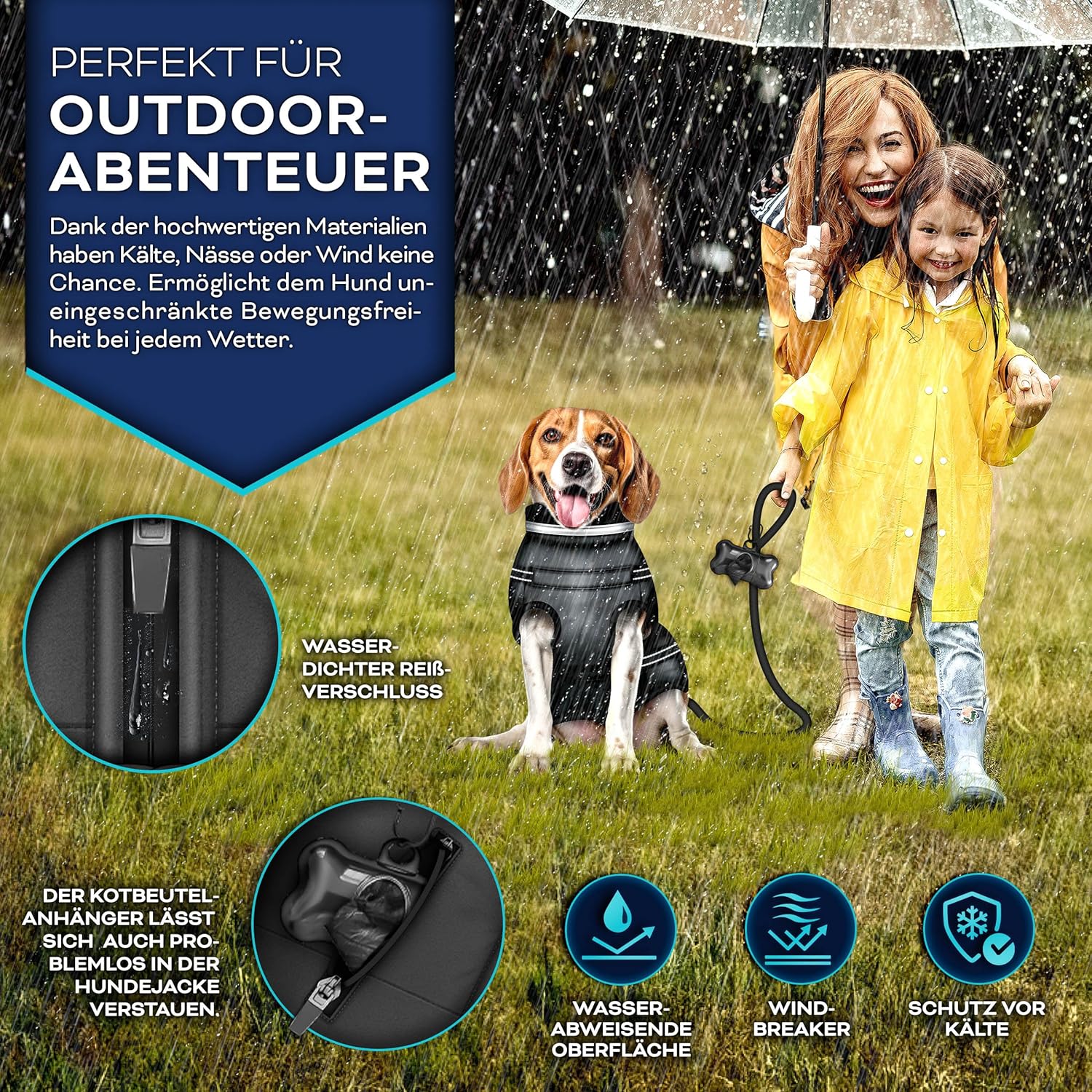 TRESKO® Hondenjas voor de winter, met reflectoren, incl. 15 stuks, poepzakken + dispenser, waterdichte hondenjas met harnas, gevoerd hondenvest (XL, zwart)