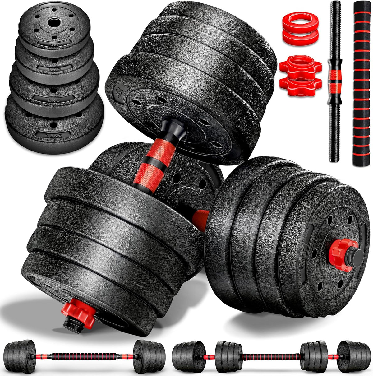 RE:SPORT 2-in-1 halterset, 30 kg, halterset verstelbaar, korte halter en lange halter, stersluitingen en verbindingsbuis