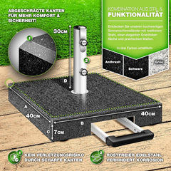 tillvex® Graniet Parasolstandaard met roestvrijstalen buis, parasolstandaard, parasol voor parasolstokken 16-48 mm en 300 cm, schermdiameter met transportgreep, antraciet, vierkant met trolley-handvat