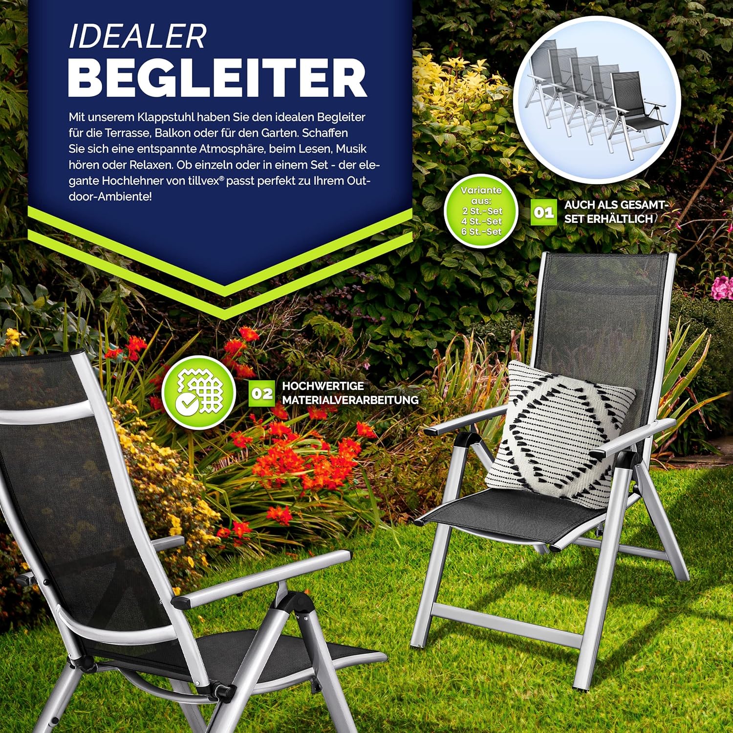Tuinstoel - Ligstoel - Verstelbaar - Opvouwbaar - Zilver - Tillvex®