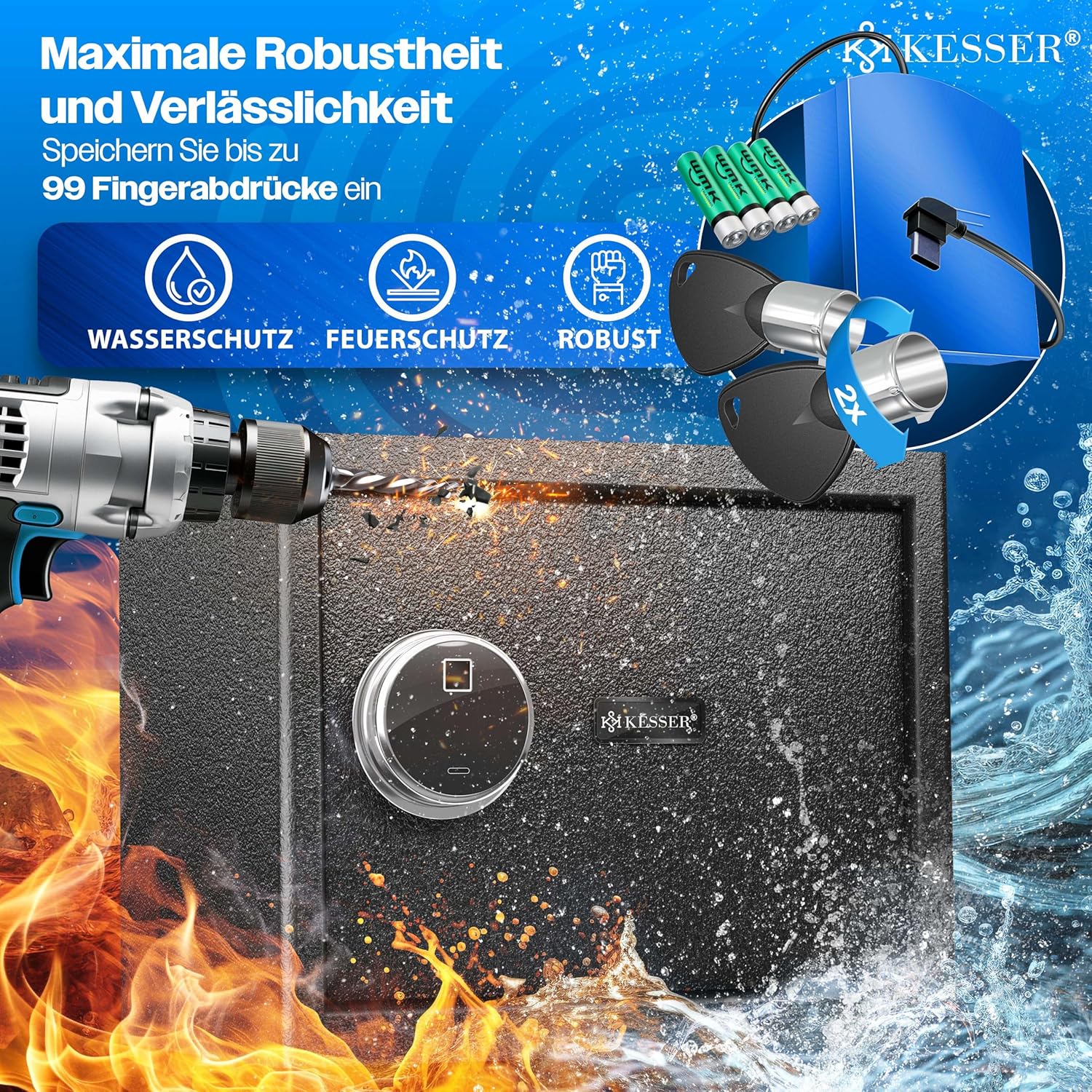 KESSER® Elektrische kluis met vingerafdruk & sleutel XL | incl. noodbatterij | elektronische kluis | 3x dubbele boutvergrendeling | vloer wandkluis | meubelkluis | pantserkast cijferslot zwart