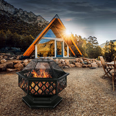 tillvex Vuurschaal met vonkbescherming en grillrooster, outdoor vuurplaats voor de tuin, 4-in-1 BBQ grill met afdekking, pookhaak, tang en kolenrooster, zwart (zeskant)