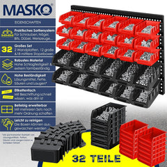 MASKO® Stapelboxen + wandrek, 32-delige set, box, opbergkast, opbergkast, steekrek, hangrek, assortimentsdoos, kleine onderdelen, werkplaatsrek, zwart/rood