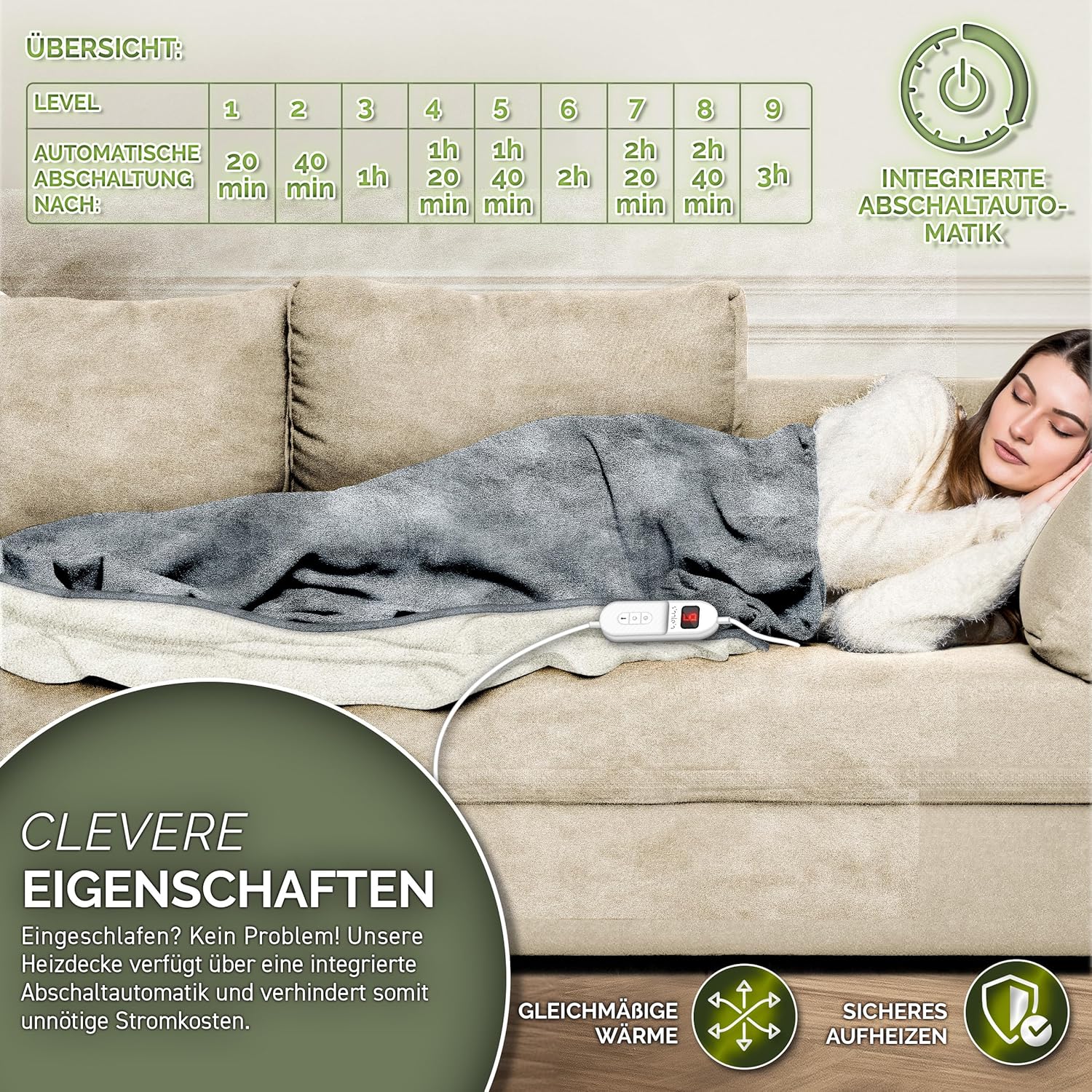sinnlein® Elektrische deken met automatische uitschakeling, 180 x 130 cm, TÜV SÜD GS-getest, elektrische warmtedeken met 9 temperatuurniveaus, knuffeldeken, wasbaar, bed, bank, elektrische deken, met