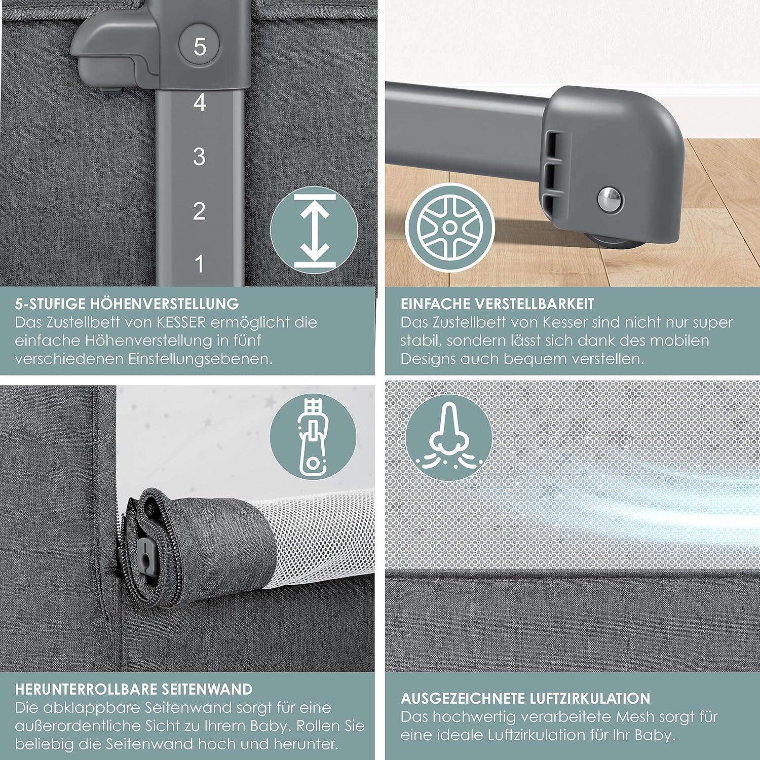 KESSER® 3in1 Ledikant - Babybed - Verstelbaar - Inklapbaar - Grijs •