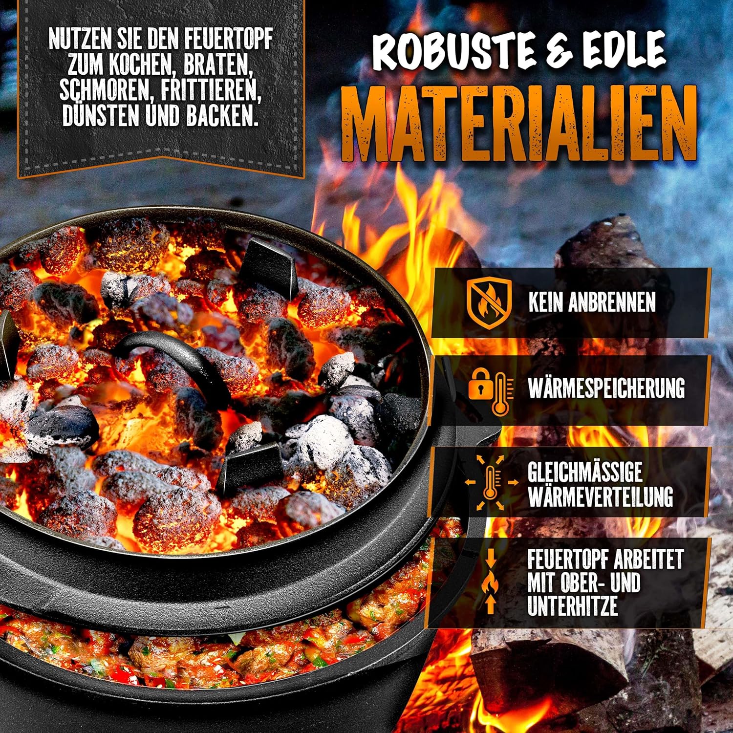 Grillas® Dutch Oven Set - 4,2L - Vuurpan - Stoofpan - Gietijzeren pan